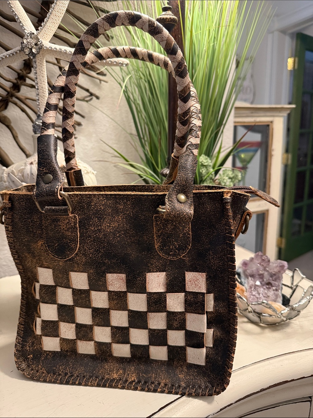 Vintage-Inspired Brown & Cream Checkered Leather Tote New Without Tags